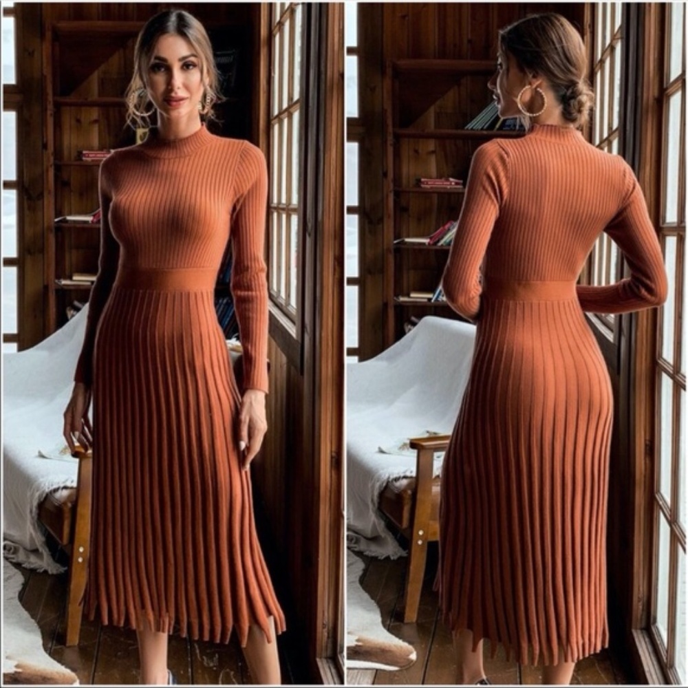 Classic ribbed knit mock neck sweater dress Work - Picture 9 of 13